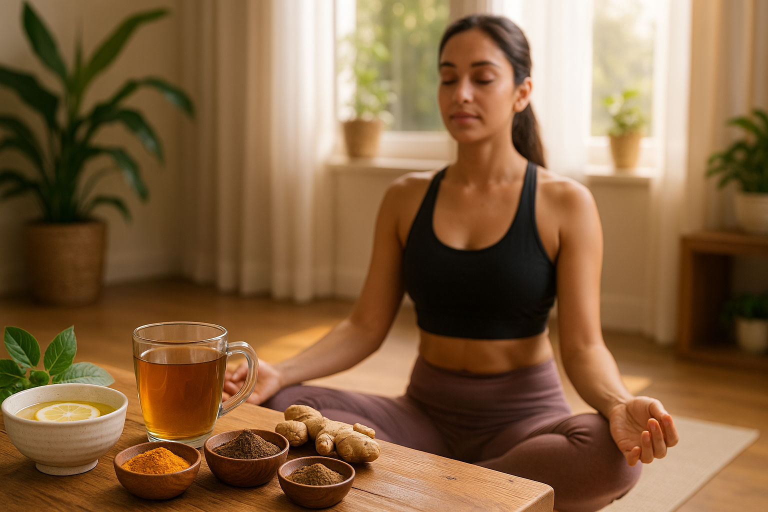 Woman practicing yoga at home with Ayurvedic herbs, ginger, turmeric, and herbal tea on table for natural belly fat reduction.