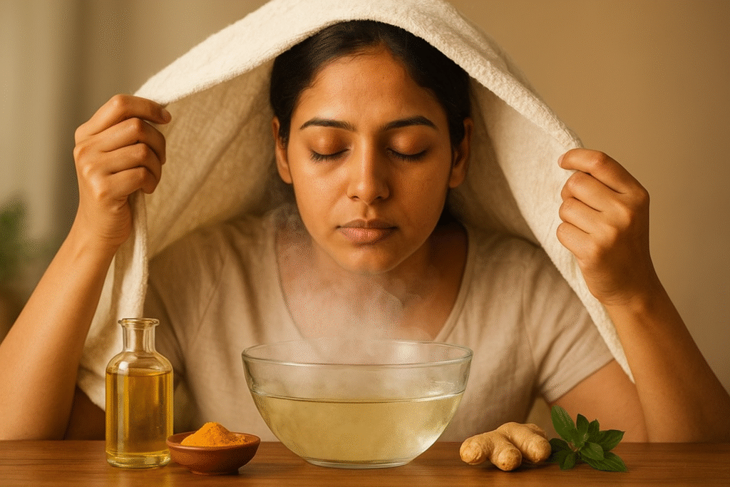 Indian woman practicing mustard oil steam inhalation with a towel over her head, bowl of steaming water, ginger, turmeric, and mustard oil on table.