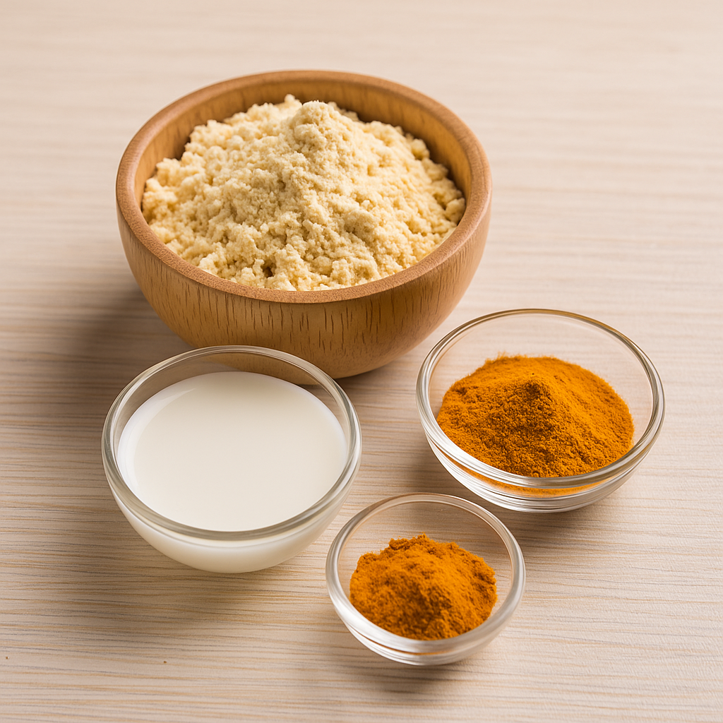 “Small bowls of gram flour, turmeric powder, and milk arranged together on a wooden surface to make a natural turmeric face mask.”