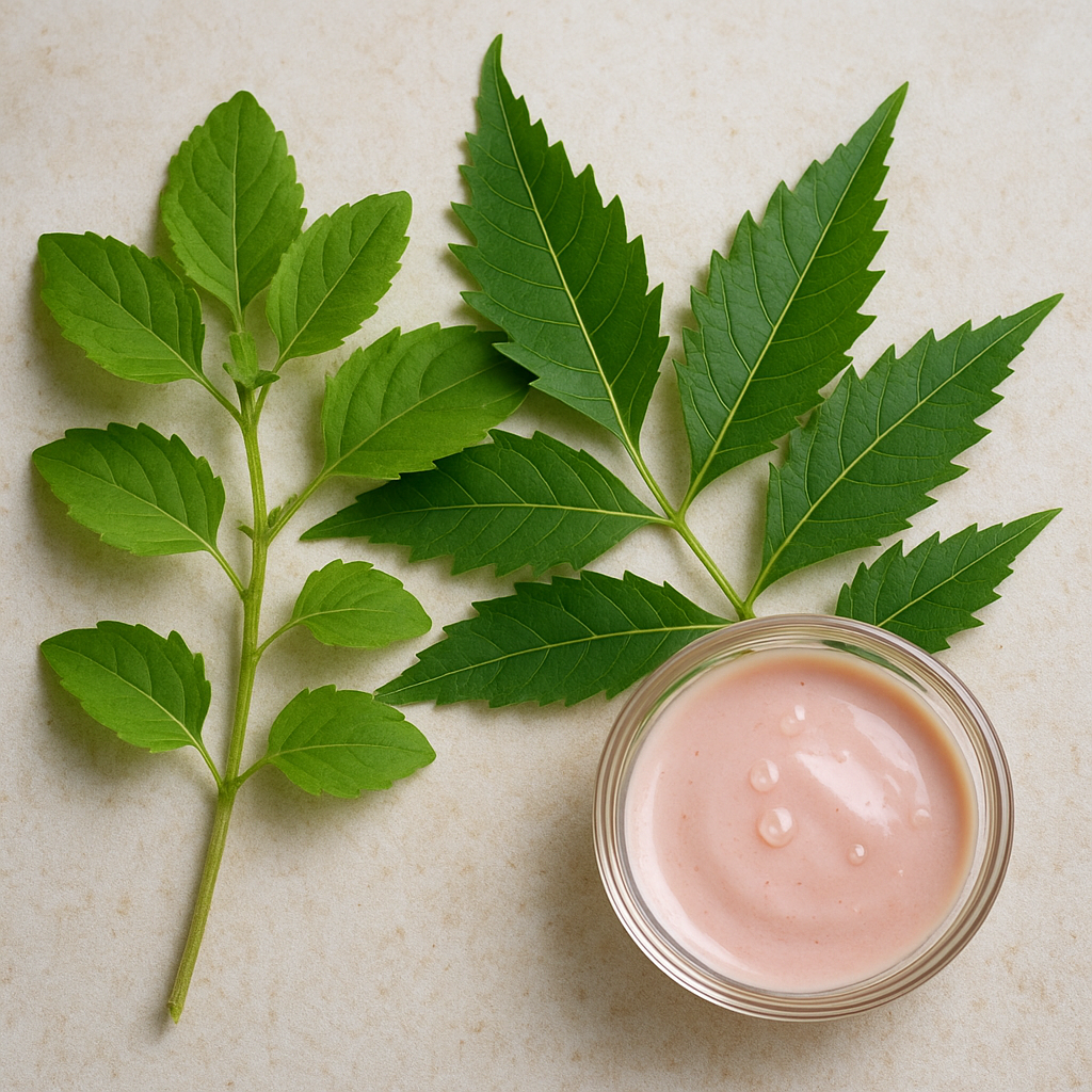 Fresh Tulsi and Neem leaves beside a bowl of rose water face pack on a beige surface