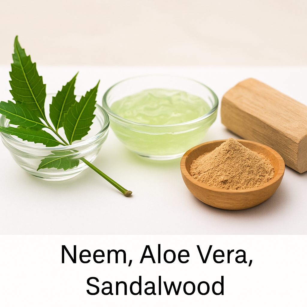 “Close-up of neem leaves, aloe vera gel, and sandalwood powder arranged on a clean surface for Ayurvedic skincare and skin health.”