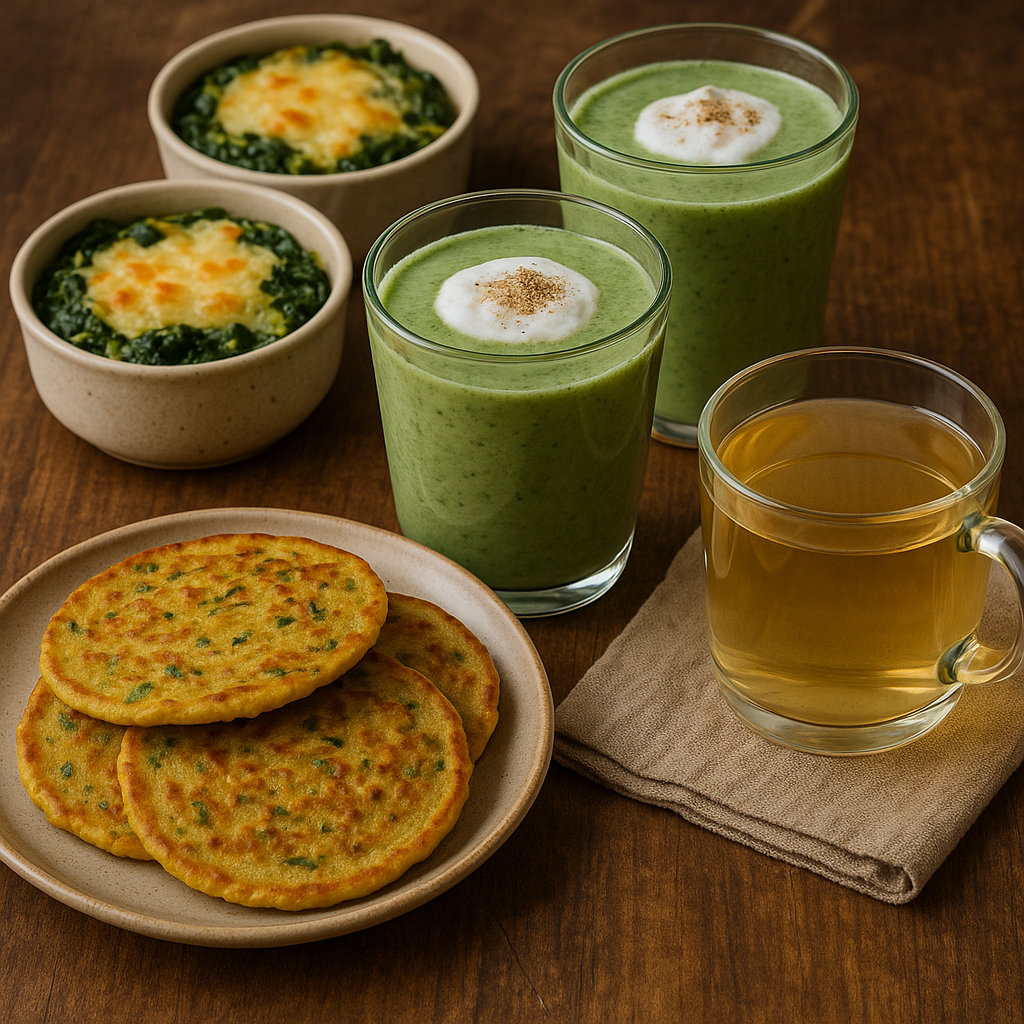 A wholesome breakfast spread featuring cheese-spinach bowls, green smoothies made with Greek yogurt and ashwagandha, golden moong dal pancakes, and a cup of warm Tulsi water.