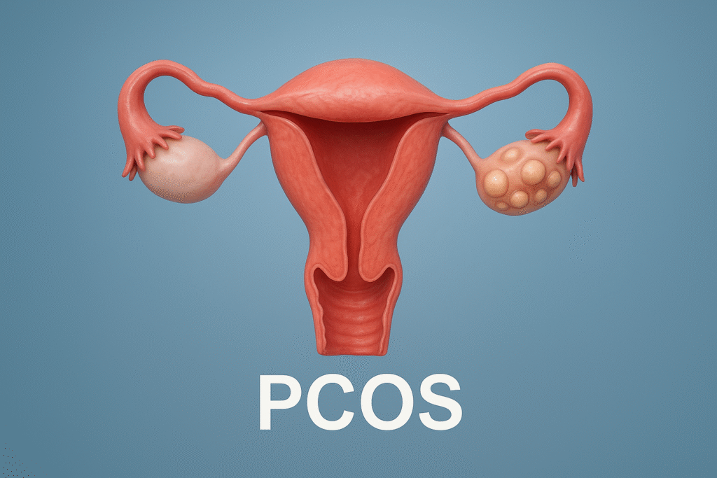 3D realistic medical image of a female reproductive system showing uterus and ovaries, highlighting multiple cysts on one ovary representing PCOS.
