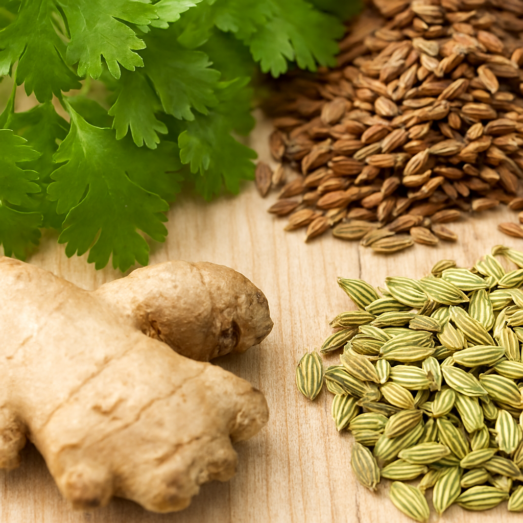 Close-up of fresh coriander leaves, cumin seeds, ginger root, and fennel seeds arranged on a light wooden surface, showcasing their textures and earthy tones.
