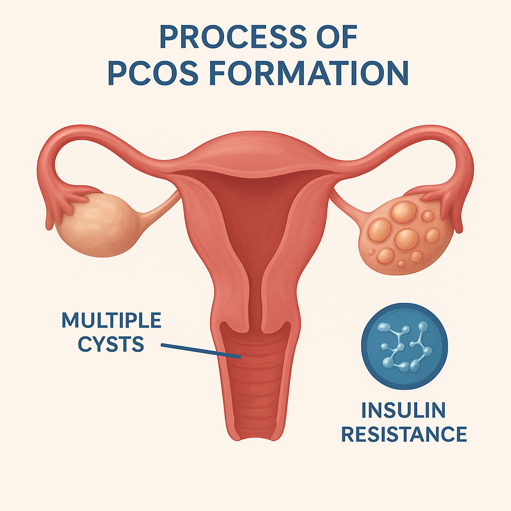 3D realistic infographic of female reproductive system highlighting hormonal imbalance, insulin resistance, and multiple cysts in the ovary during PCOS formation.