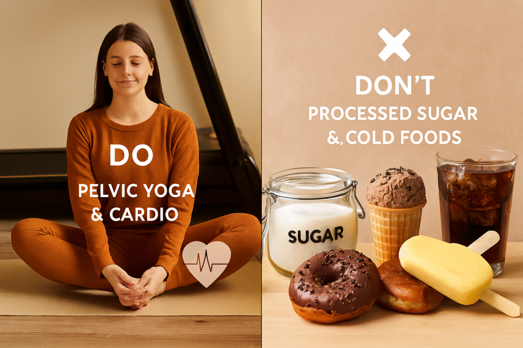 Split-screen image showing a woman doing pelvic yoga and cardio on the left, and processed sugar and cold foods like soda, ice cream, and pastries on the right, marked with a red X.