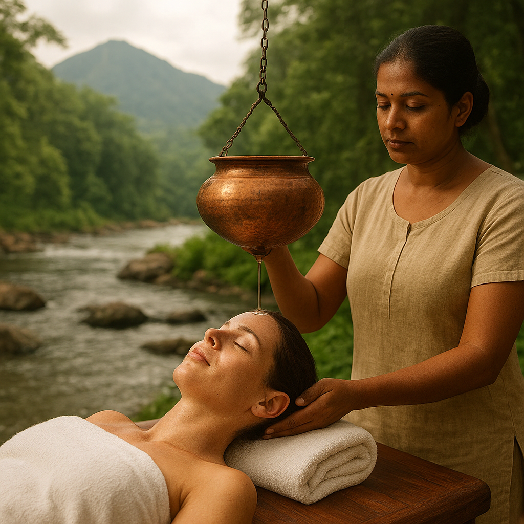Ayurvedic therapist performing Shirodhara treatment on a woman beside a forest river, symbolizing Panchakarma healing in natural surroundings.