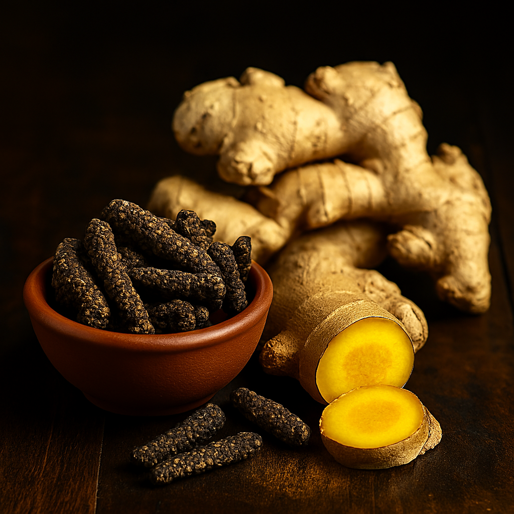 Close-up of dried Pippali (long pepper) in a terracotta bowl and fresh ginger rhizomes, including a sliced piece revealing golden flesh, arranged on a dark wooden surface with warm lighting and a blurred background.