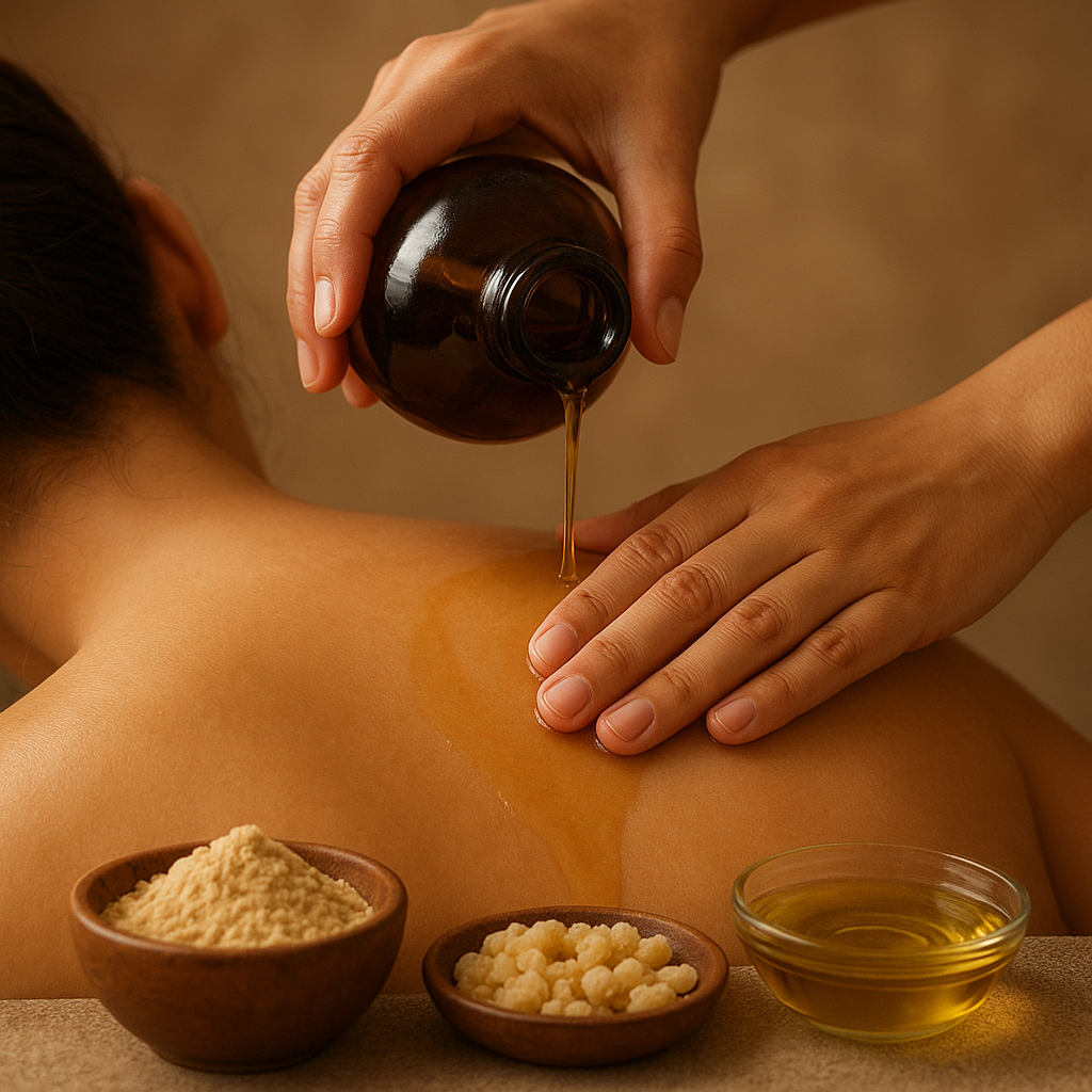 A therapist pouring warm sesame oil onto a woman’s back for a Boswellia and Ashwagandha herbal massage, with small bowls of resin, powder, and oil beside.