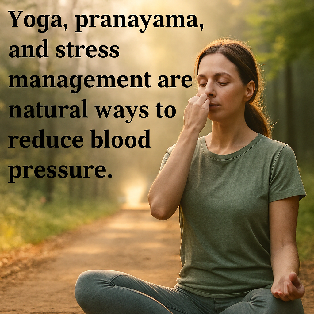 Woman practicing alternate nostril breathing (Nadi Shodhana) in a seated yoga pose on a forest trail at sunrise, surrounded by soft light and greenery — promoting stress relief and heart health.