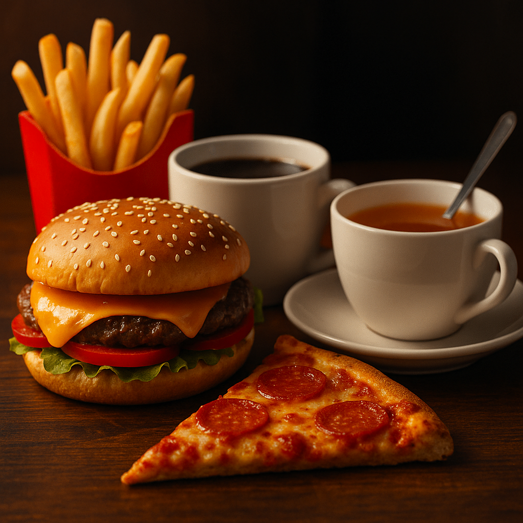 A close-up of a cheeseburger, fries, pizza slice, and cups of coffee and tea on a table, symbolizing processed and oily foods linked to acidity and indigestion