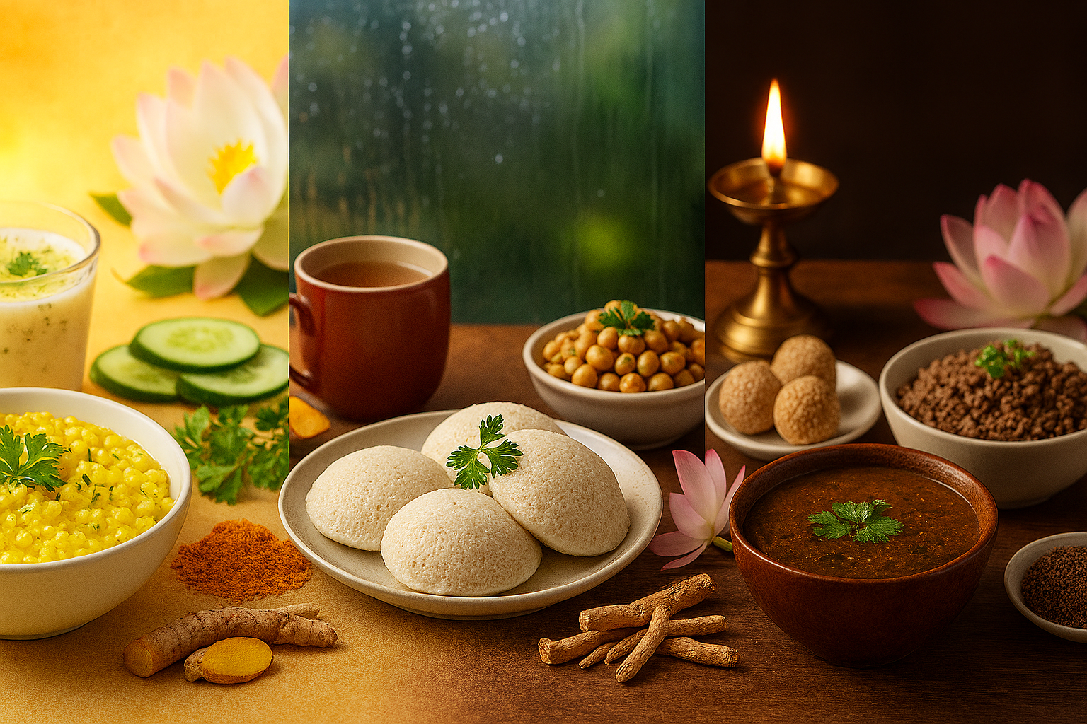 Realistic triptych image showing Ayurvedic seasonal foods: left panel with moong dal, buttermilk, cucumbers, and herbs under bright summer light; center panel with idli, ginger tea, chickpeas, and rainy monsoon ambiance; right panel with urad dal soup, sesame ladoos, ragi khichdi, and a glowing lamp for winter. Turmeric, ashwagandha roots, and lotus flowers subtly connect all three scenes.