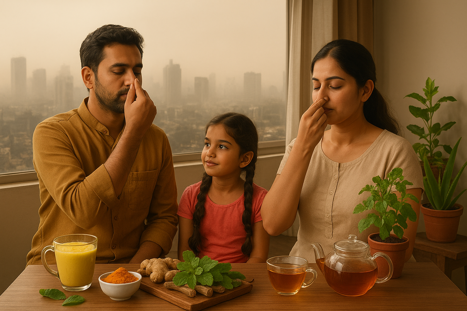 Family practicing breathing exercises with turmeric milk, tulsi, ginger, and herbal tea indoors, promoting natural respiratory health against city pollution.
