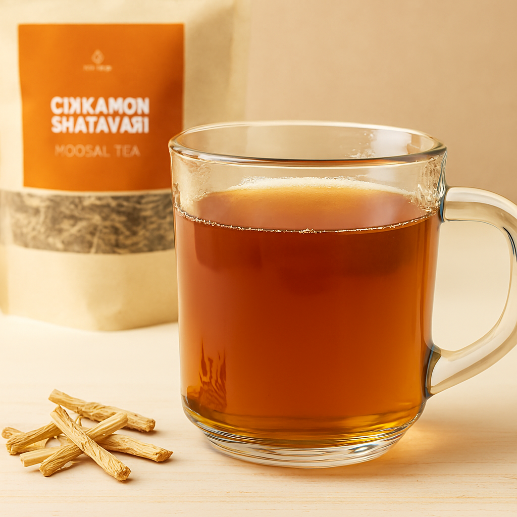 Close-up of a clear glass mug filled with amber-colored Shatavari and cinnamon tea, with steam rising and dried Shatavari roots scattered nearby on a light wooden surface.