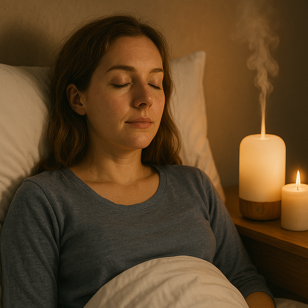 A peaceful woman resting on a bed with eyes closed beside a softly glowing candle and an aroma diffuser releasing mist, creating a warm, soothing ambiance.