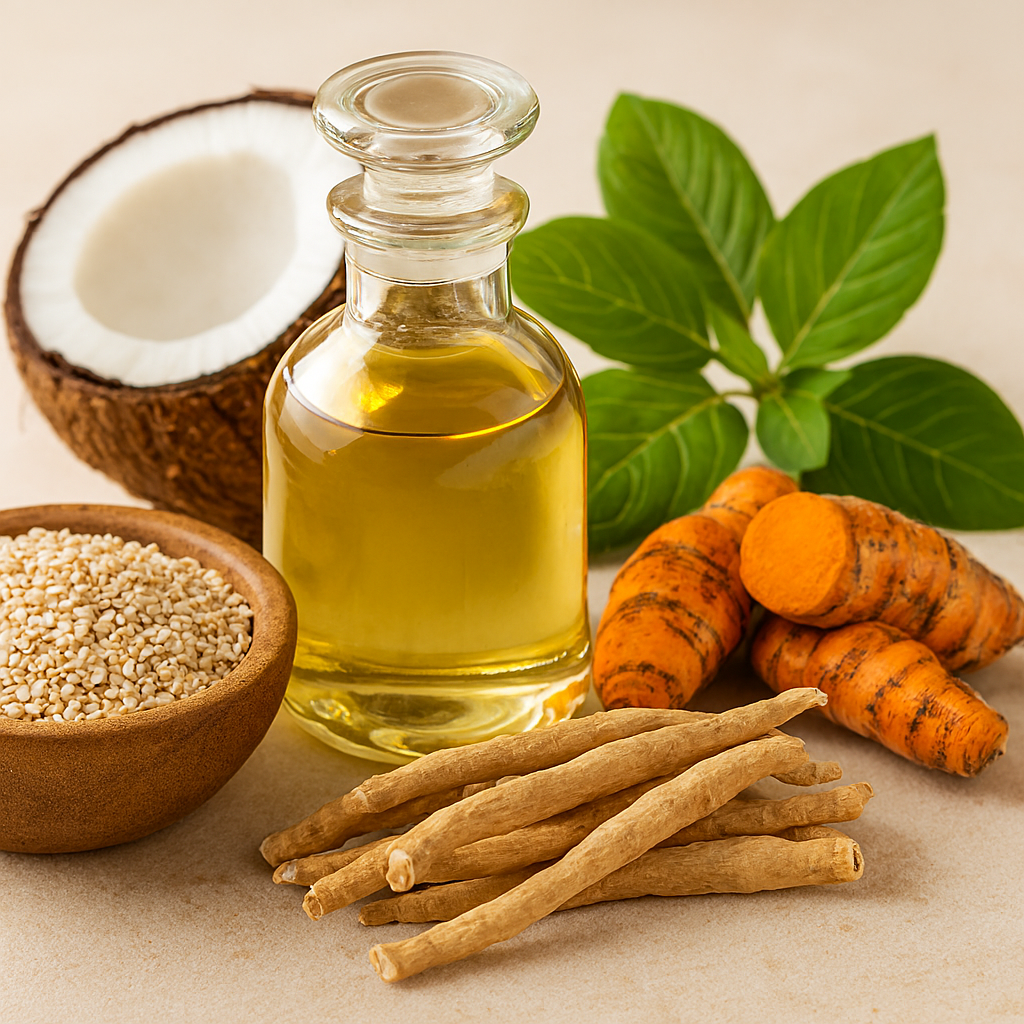 A 200×200px realistic image showing sesame seeds in a wooden bowl, a glass bottle of coconut oil, halved coconut, fresh turmeric root, dried Ashwagandha roots, and vibrant Bala leaves on a neutral background.