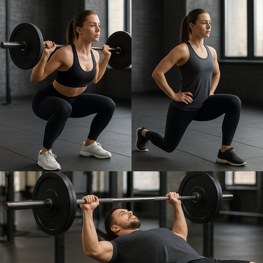 People performing squats, lunges, and bench press exercises in a gym setting.