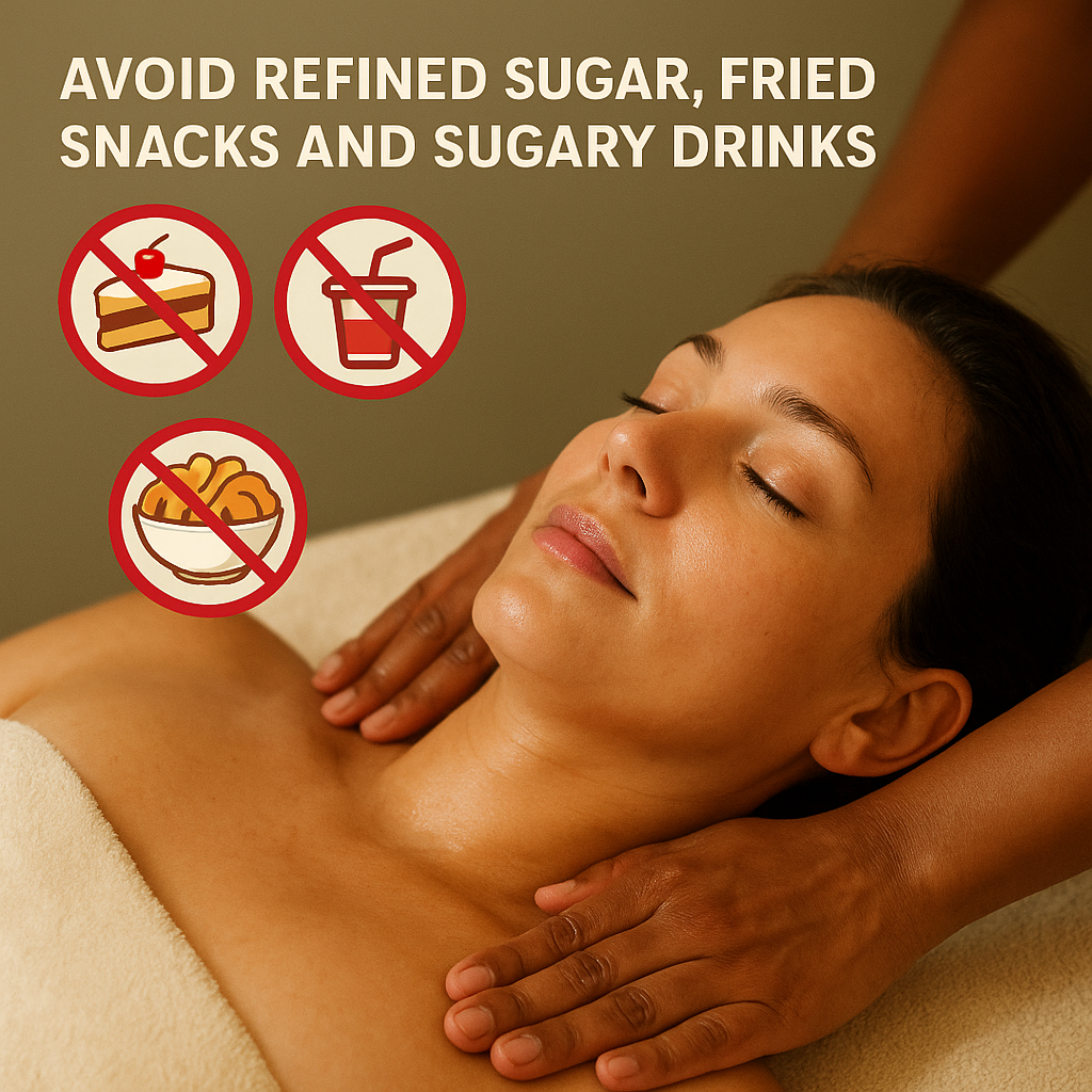 Woman receiving relaxing Abhyanga massage with icons showing to avoid refined sugar, fried snacks, and sugary drinks.