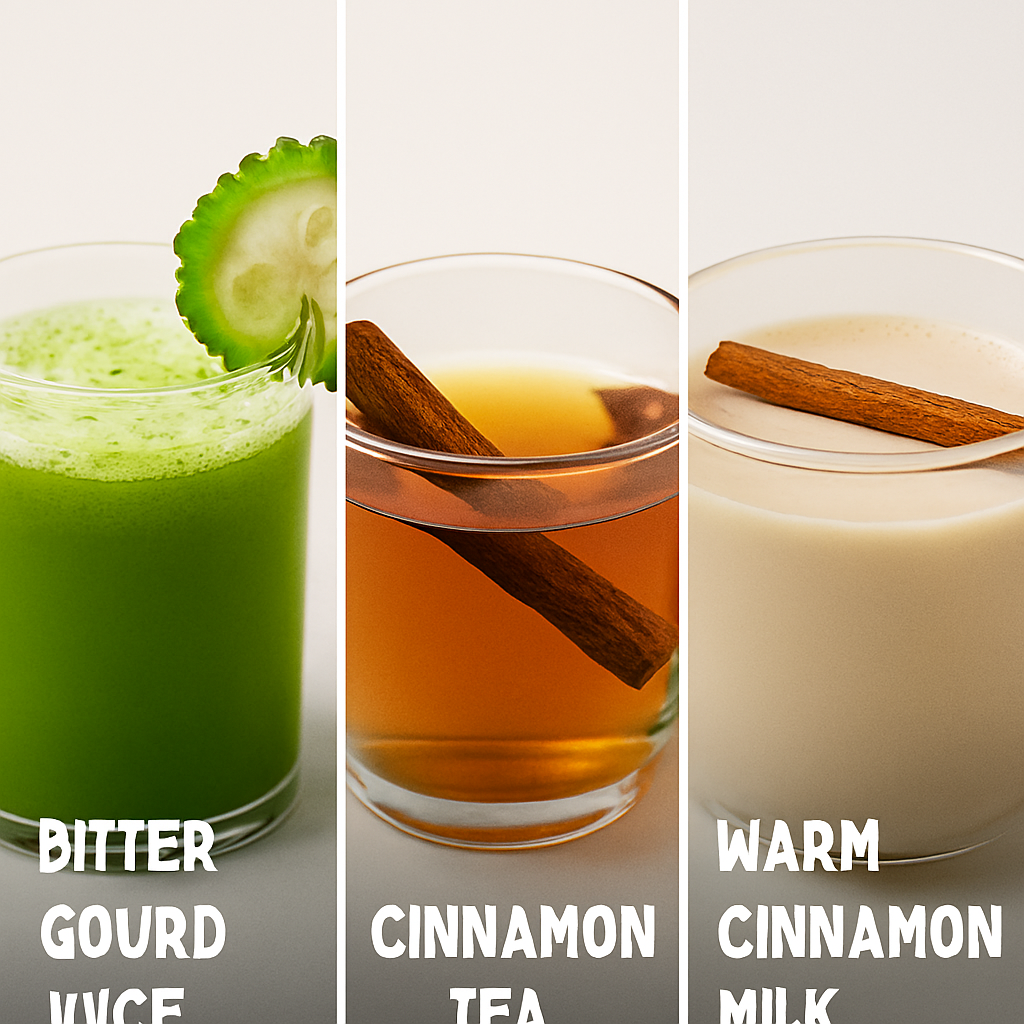 Triptych image showing a glass of green bitter gourd juice with a melon slice garnish, a cup of cinnamon tea with a cinnamon stick, and a mug of creamy cinnamon milk with floating cinnamon.