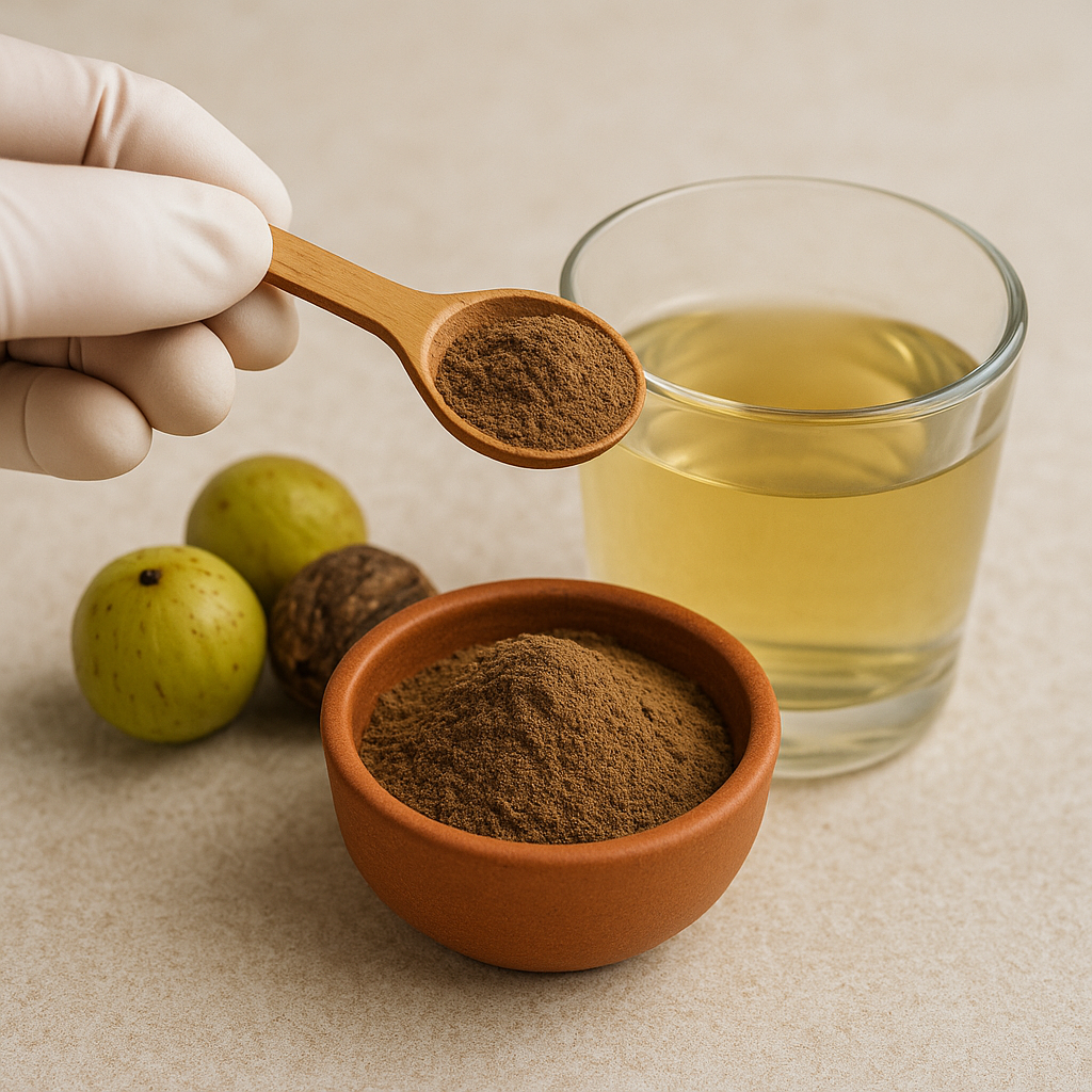 A close-up of Triphala powder being mixed with warm water beside Amalaki, Haritaki, and Bibhitaki fruits on a natural surface