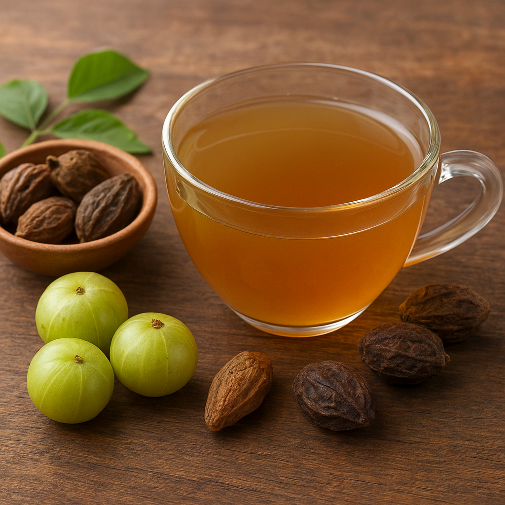 Glass cup of warm Triphala water with dried Triphala fruits and fresh amla on a wooden surface, representing an Ayurvedic night-time detox drink.