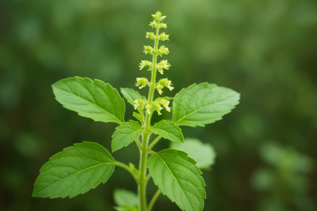 Close-up of Tulsi (Holy Basil) plant with green leaves and small flowers, used in Ayurveda to reduce congestion and remove mucus.