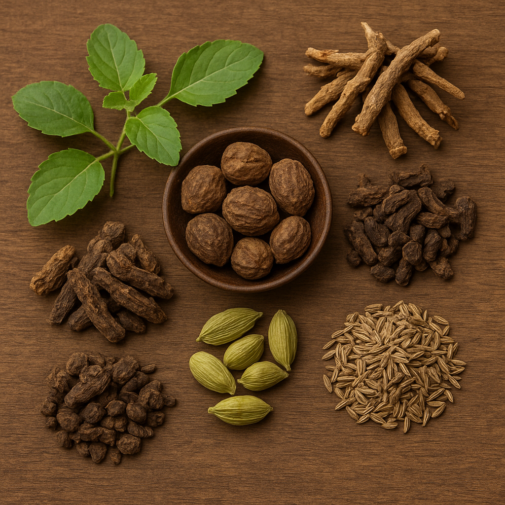 A realistic display of Ayurvedic ingredients including Tulsi leaves, Triphala fruits, cumin seeds, cardamom pods, Jatamansi roots, and Sarpagandha roots arranged on a wooden surface.