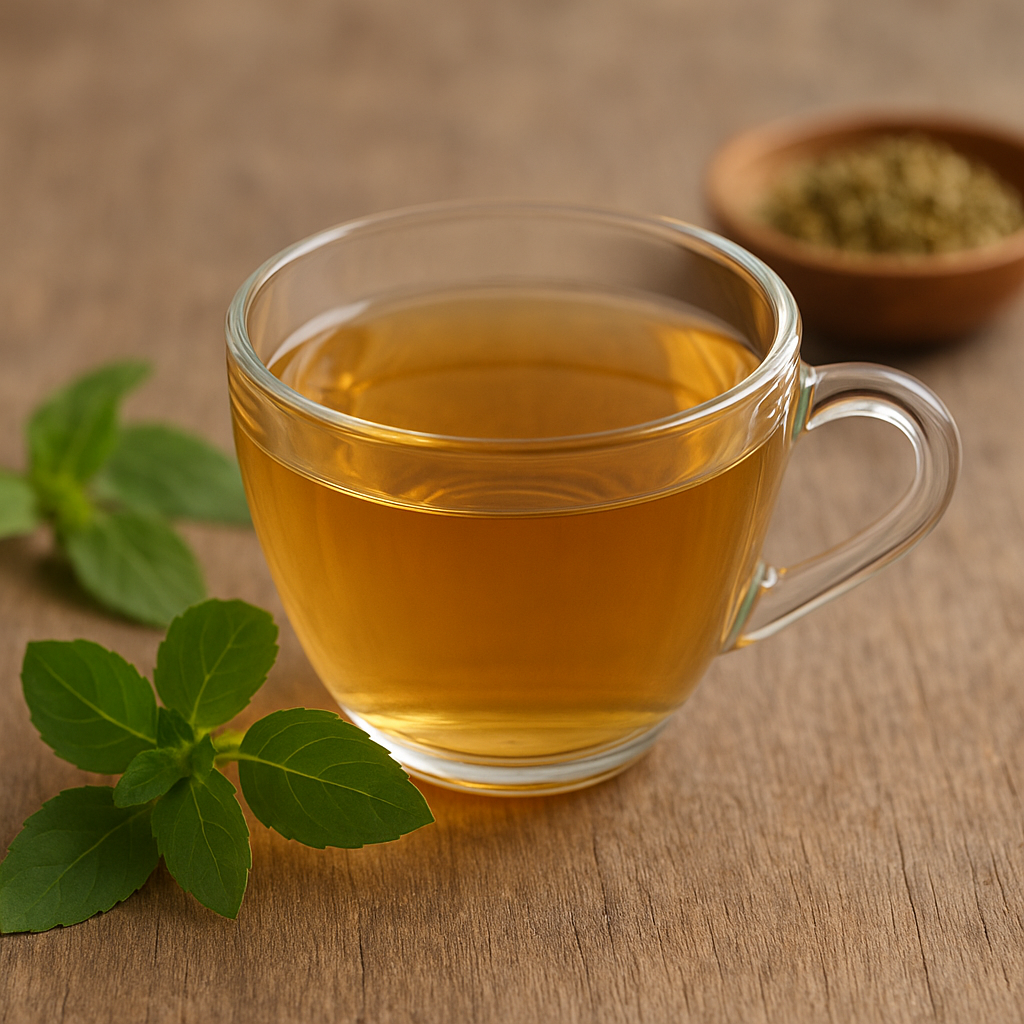 A clear glass cup of golden Tulsi tea on a wooden table with fresh basil leaves and a bowl of dried herbs in soft natural light.