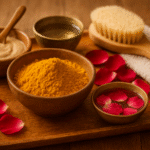 Ayurvedic skincare setup with turmeric powder, sandalwood paste, rose petals, and rose water bowl on a wooden tray for natural glowing skin.