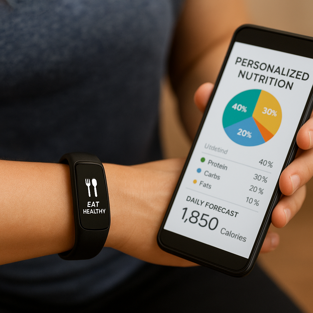A person wearing a black fitness tracker and holding a smartphone displaying a personalized nutrition app with a colorful macronutrient chart and calorie goal.