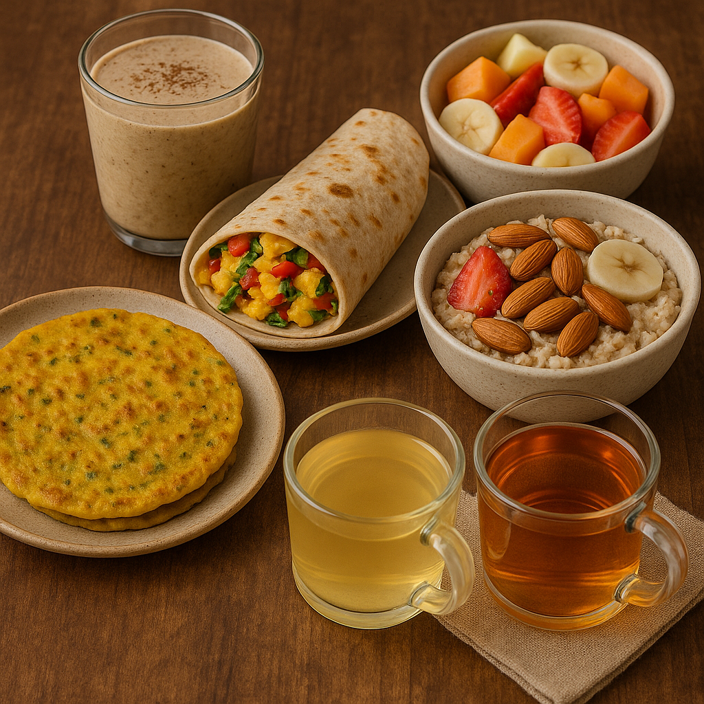 A nutritious breakfast spread featuring a turmeric moong dal cheela, an egg-vegetable wrap with black pepper, a bowl of oatmeal topped with almonds, honey, and banana slices, cinnamon-infused water, a protein smoothie with flax seeds, and a fresh fruit bowl.