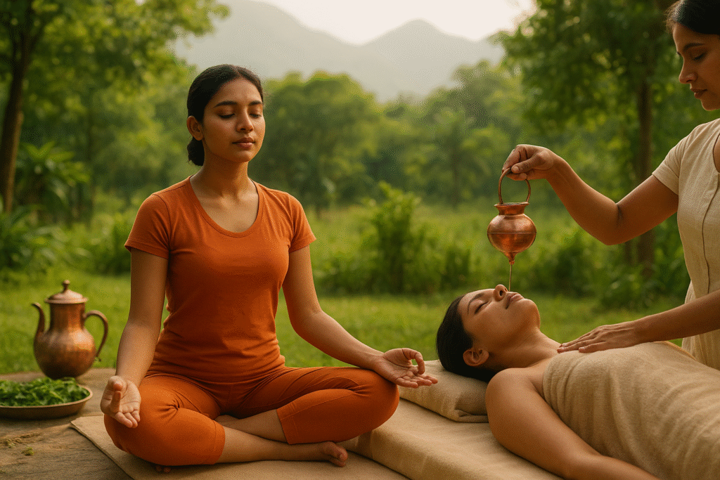 A woman meditating while another receives Ayurvedic therapy outdoors in a lush Indian wellness retreat with copper vessels and greenery.