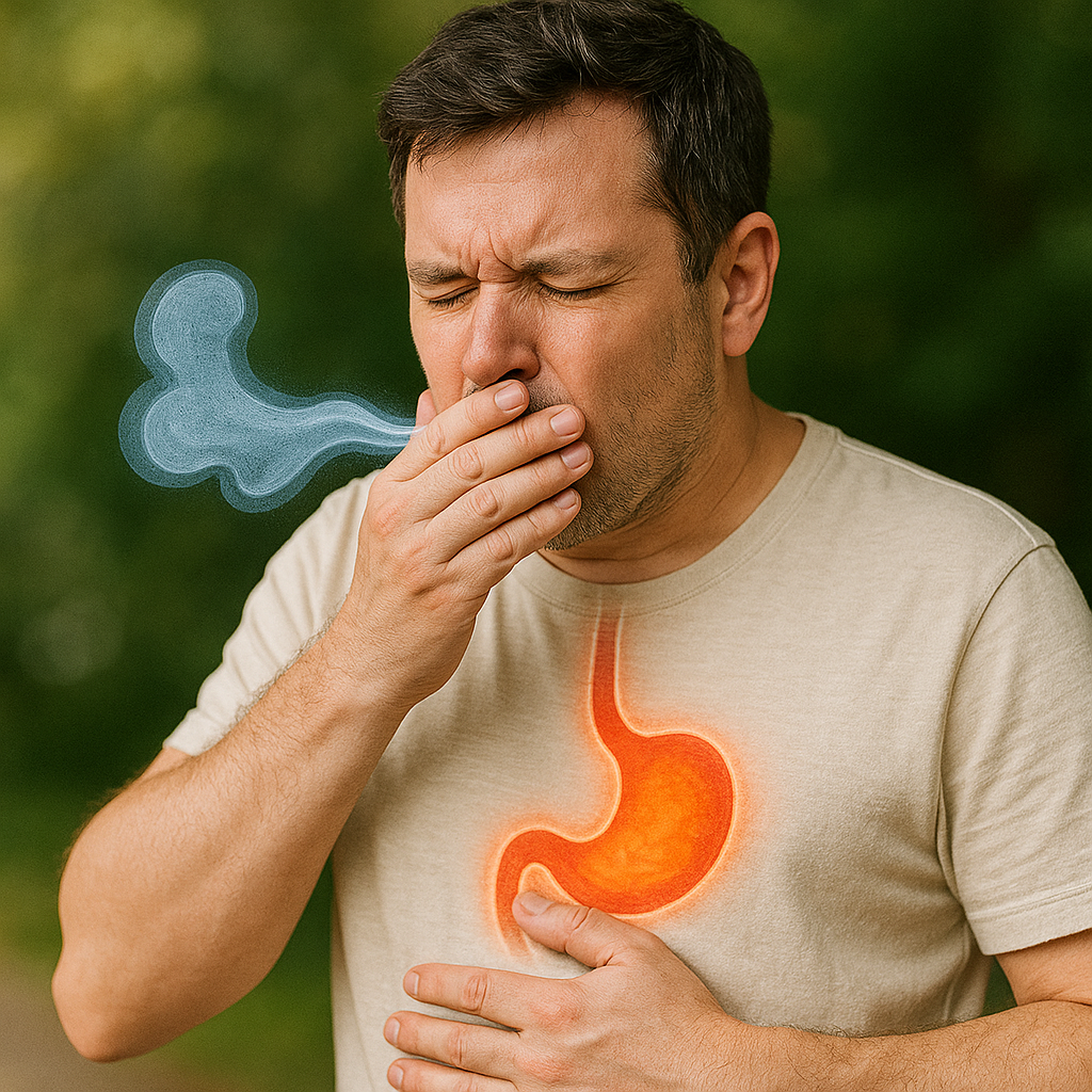 A man covering his mouth and holding his stomach, symbolizing acid reflux, gas, and indigestion discomfort