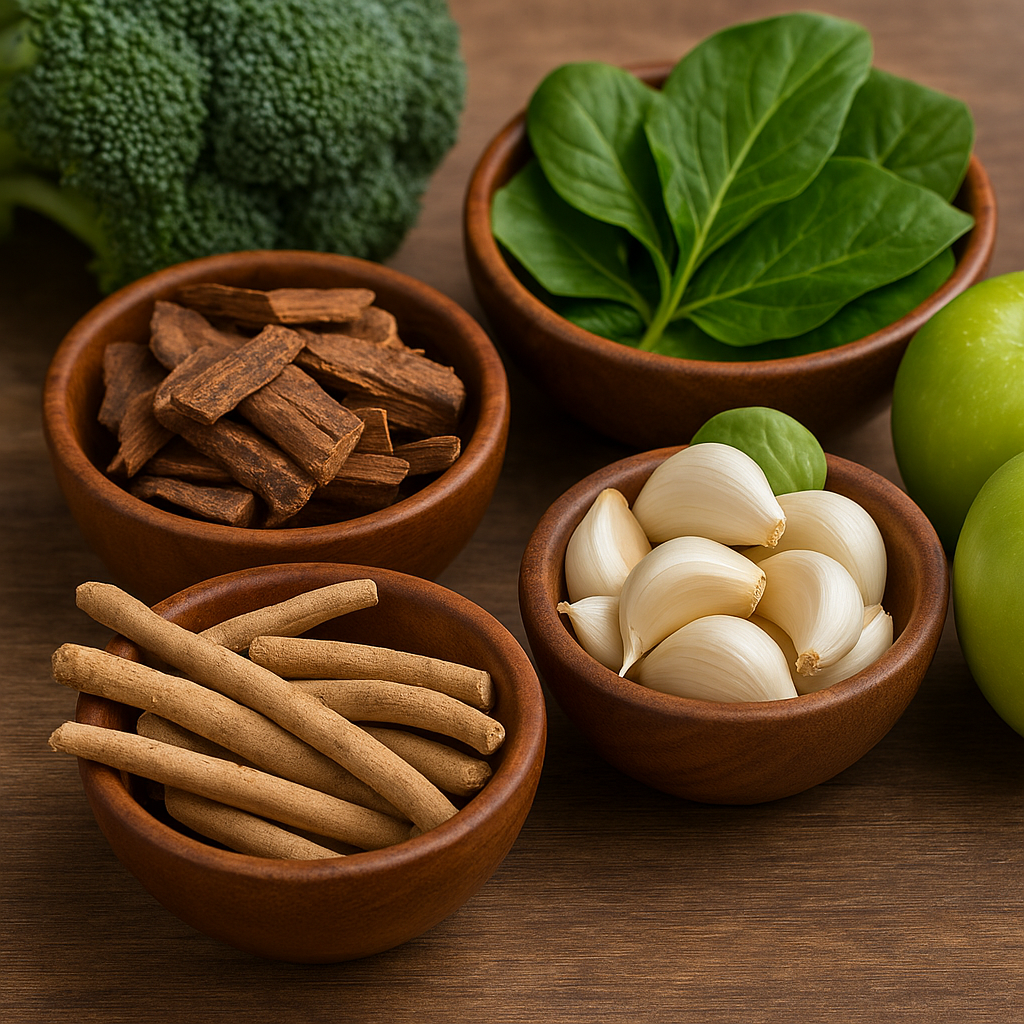 Wooden bowls containing ashwagandha roots, garlic cloves, and arjuna bark with fresh spinach, broccoli, and green apples representing Ayurvedic remedies for blood pressure.