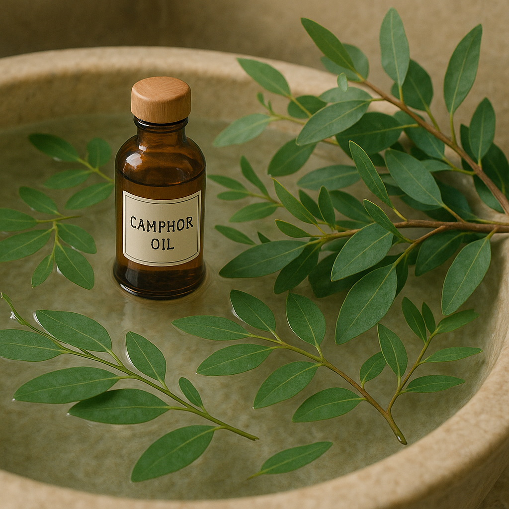 Bottle of camphor oil surrounded by eucalyptus leaves in a warm bath, showing natural aromatherapy and relaxation benefits.