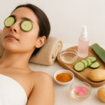 A woman relaxing with cucumber slices on her eyes beside natural ingredients like aloe vera, turmeric, rose water, and potatoes for dark circles and puffy eyes.