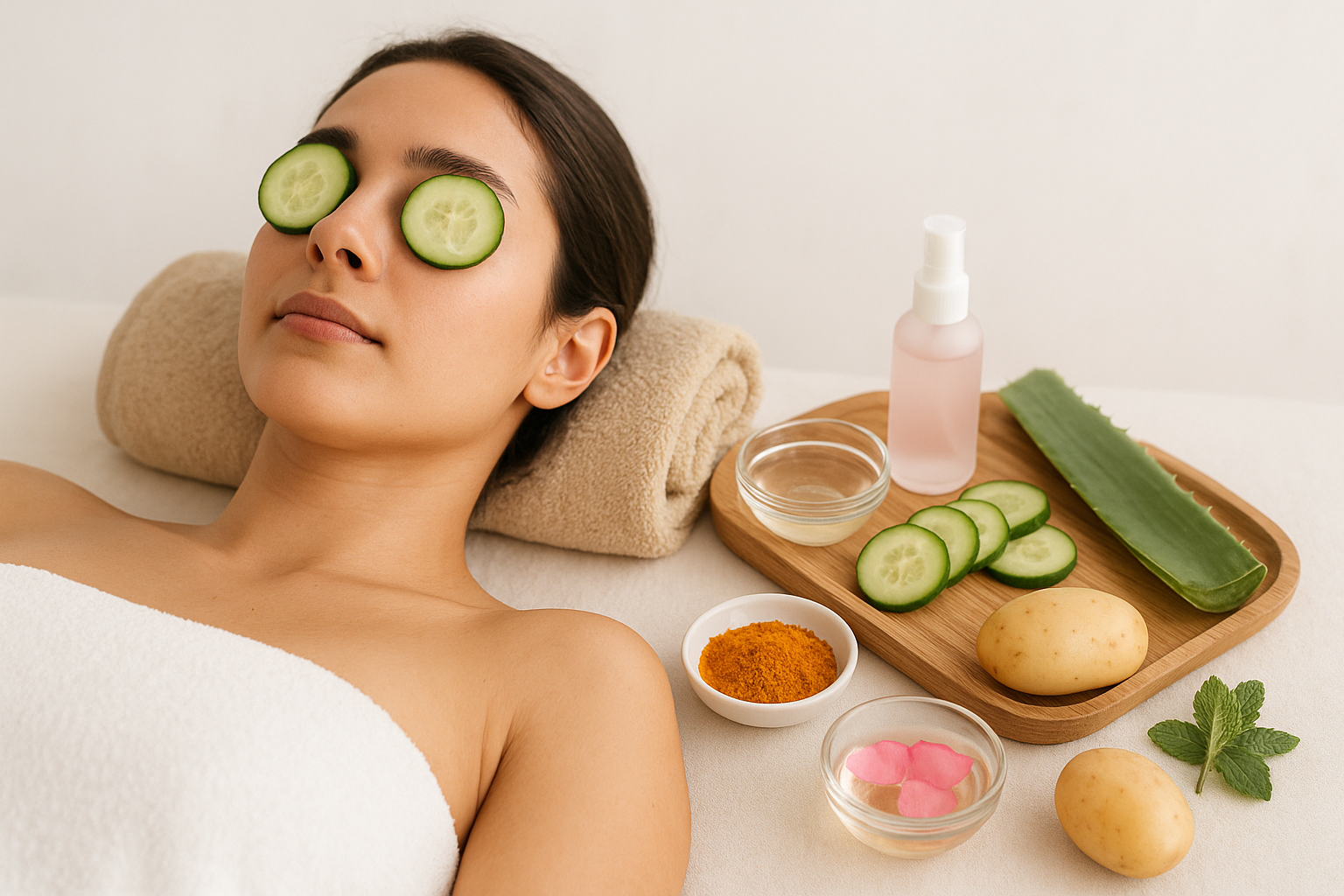 A woman relaxing with cucumber slices on her eyes beside natural ingredients like aloe vera, turmeric, rose water, and potatoes for dark circles and puffy eyes.