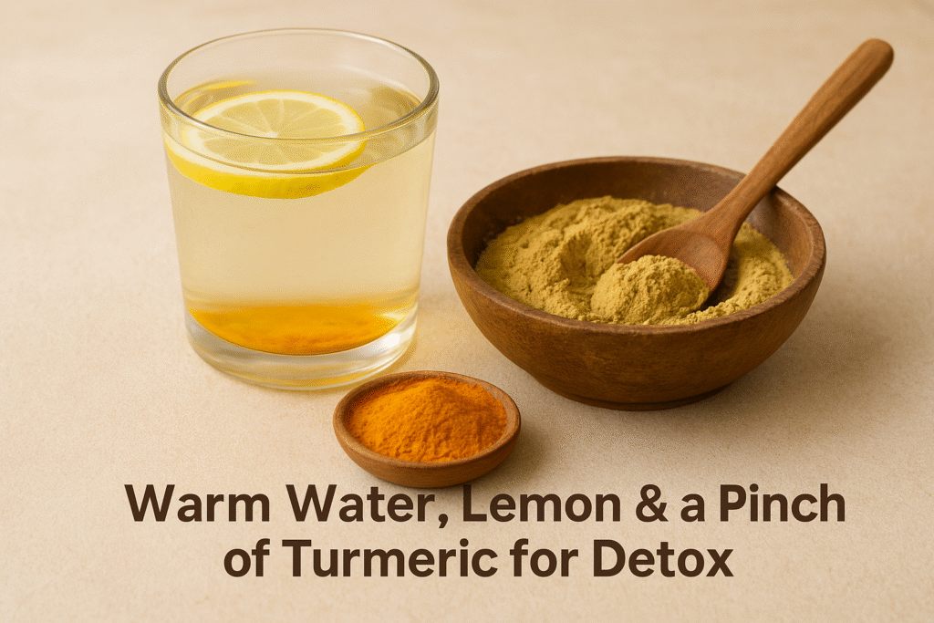 Glass of warm water with lemon and turmeric beside a bowl of multani mitti haldi face pack, representing Ayurvedic detox and skincare routine.
