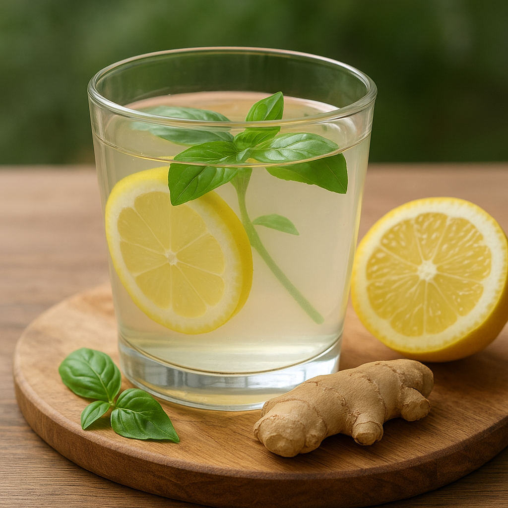 Glass of warm herbal water infused with basil leaves, lemon slices, and ginger root on a wooden board.