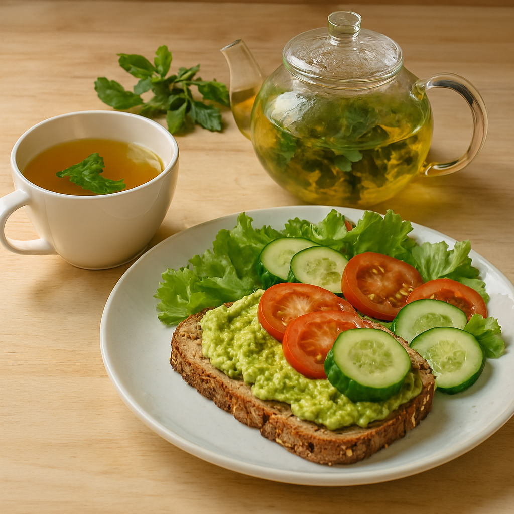 A realistic image of a light wooden table featuring a white plate with avocado toast topped with tomato and cucumber slices, a side salad of lettuce, cucumber, and tomato, a white cup of mint tea with a floating mint sprig, and a glass teapot filled with golden herbal tea and fresh mint leaves.