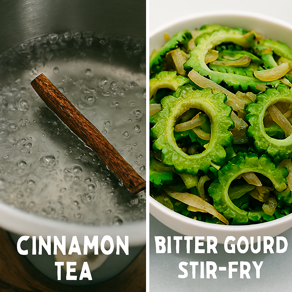 Split image showing a cinnamon stick boiling in a pot of water on the left, and a plate of lightly stir-fried bitter gourd with onions on the right.