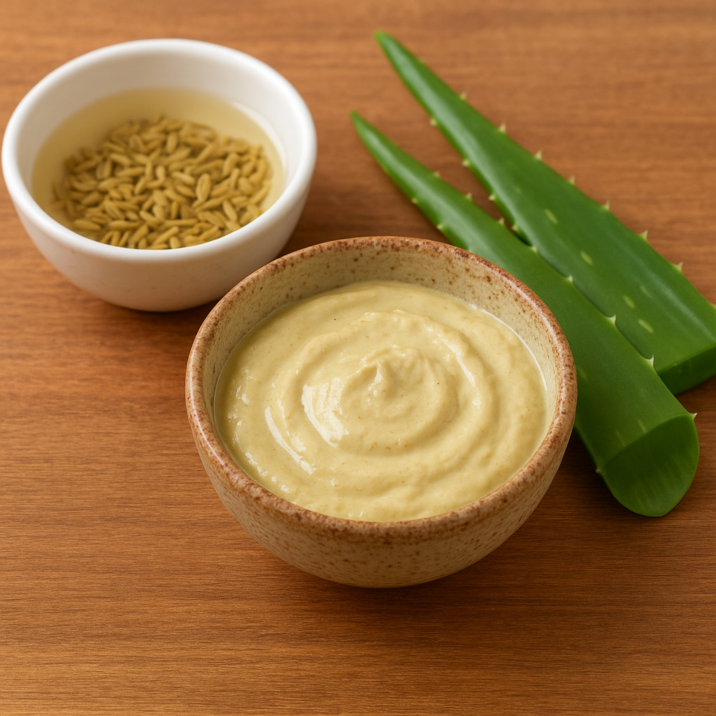 Aloe vera leaves beside a bowl of fennel seeds soaked in hot water and a creamy chickpea flour face pack on a wooden surface for soothing Ayurvedic skincare.