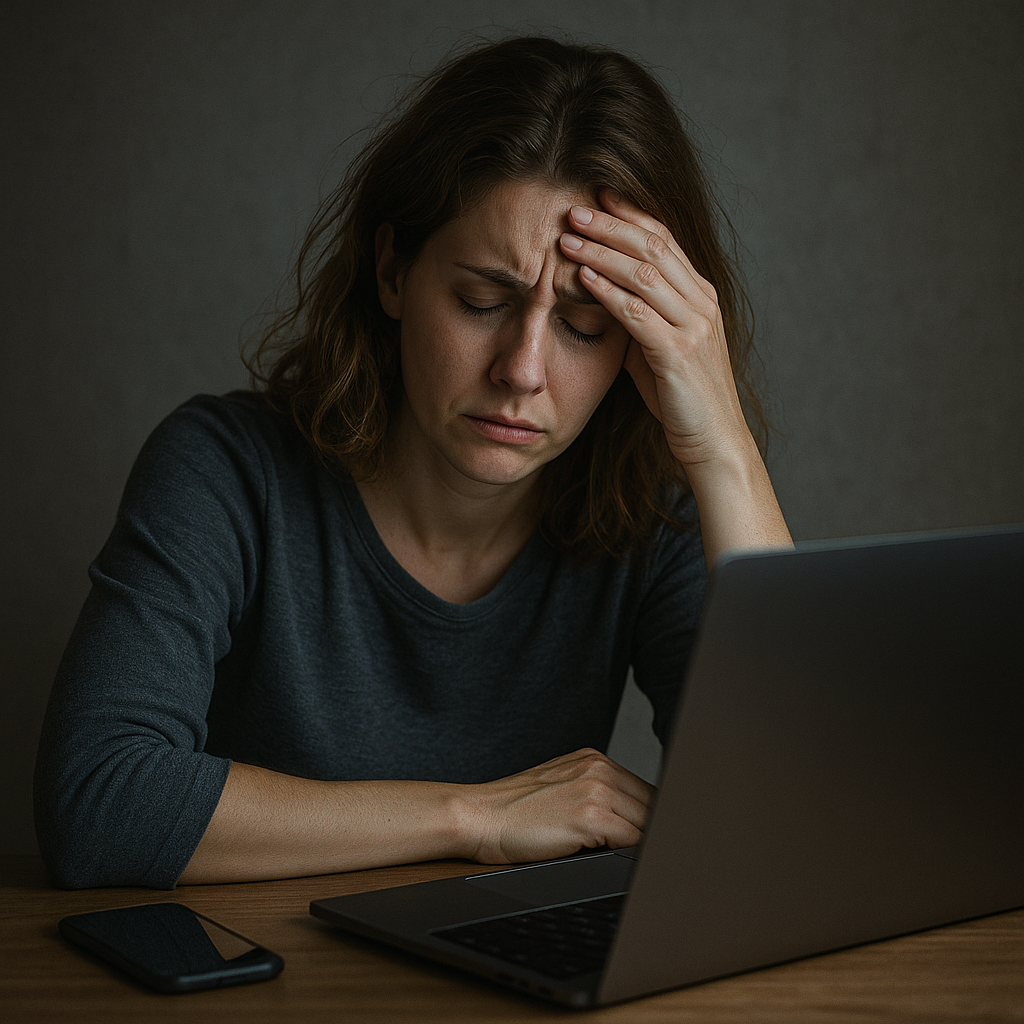A tired woman sitting at a desk with her hand on her forehead, looking stressed while working on a laptop in dim light, symbolizing digital fatigue.