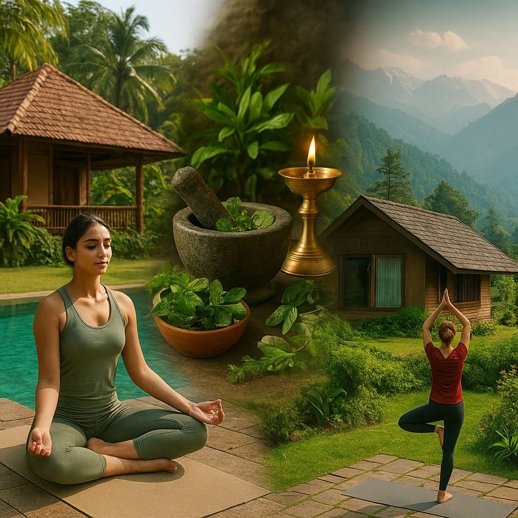 A realistic collage showing eco-wellness resorts across India, featuring Kerala’s tropical spa, Himachal’s yoga mountain retreat, and Ayurvedic herbs with copper lamps symbolizing holistic healing.
