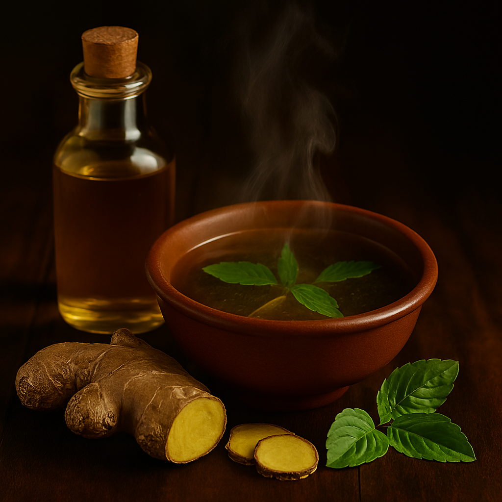 Close-up of a steaming bowl of ginger and tulsi infusion with floating leaves and sliced ginger, beside a bottle of mustard oil and fresh ingredients, arranged on a dark wooden surface with warm lighting.
