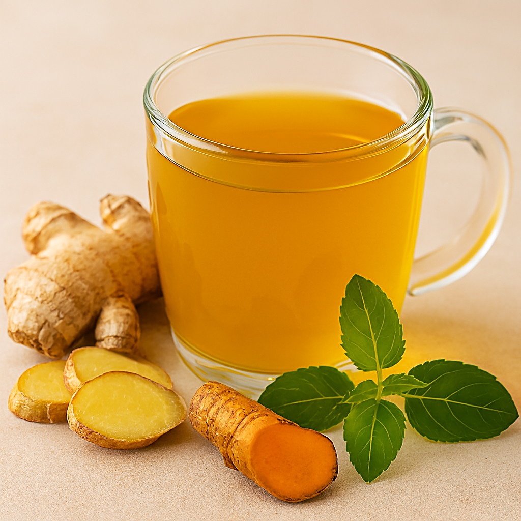 A clear glass mug filled with golden turmeric water, surrounded by fresh ginger slices, turmeric root, and vibrant tulsi leaves on a neutral textured surface.