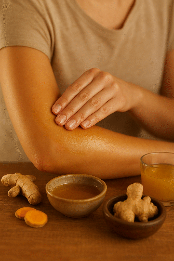 Close-up of a person massaging their arm with warm herbal oil, surrounded by turmeric and ginger on a wooden table.