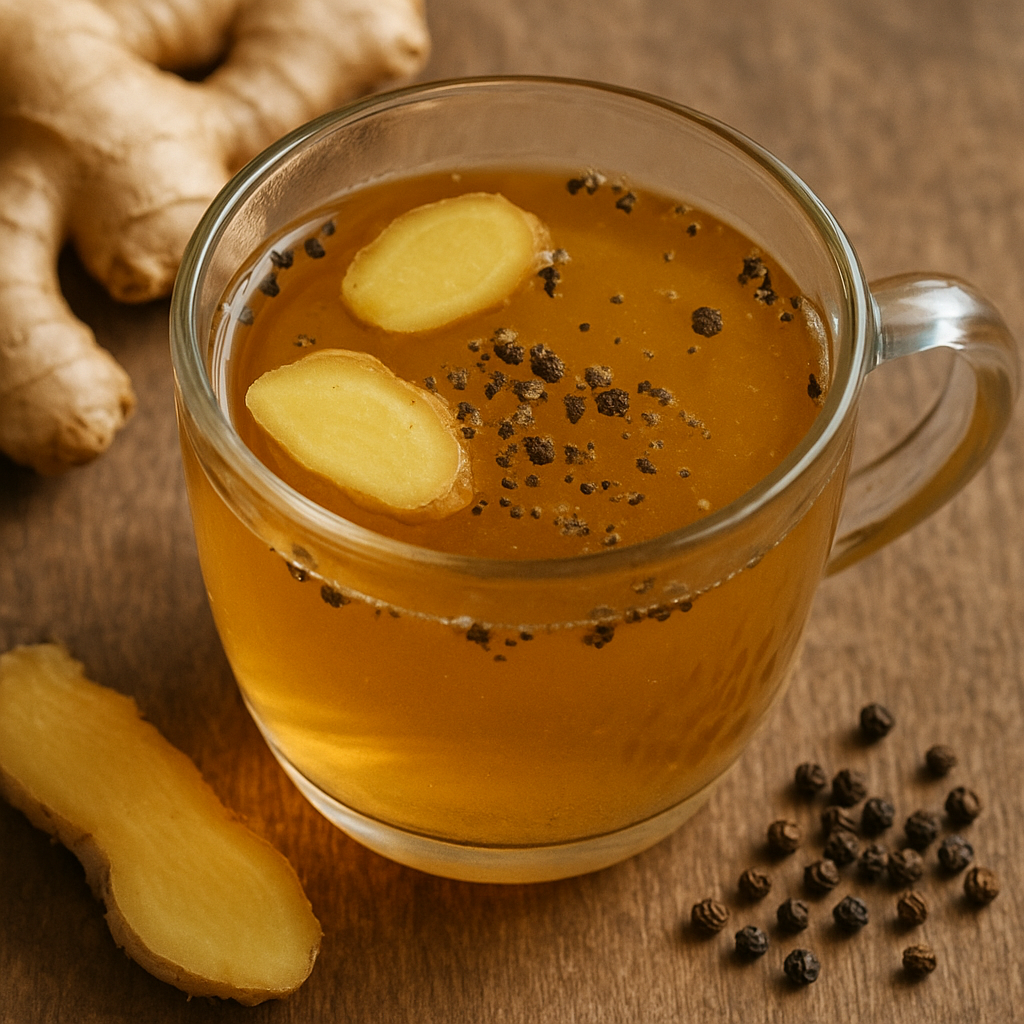 A steaming cup of herbal tea made with sliced ginger and black peppercorns on a wooden surface.
