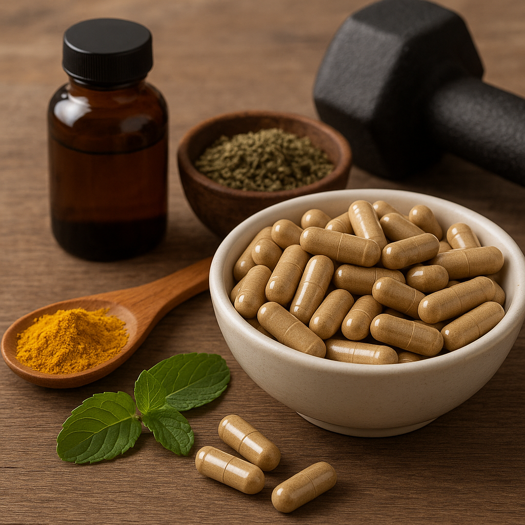 A bowl of herbal capsules with turmeric powder, dried herbs, and a dumbbell in the background, symbolizing natural supplements for fitness and gym use.