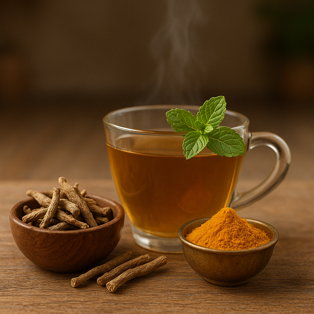 Glass cup of steaming herbal tea with Ashwagandha roots and turmeric powder on a wooden surface, symbolizing Ayurvedic wellness.